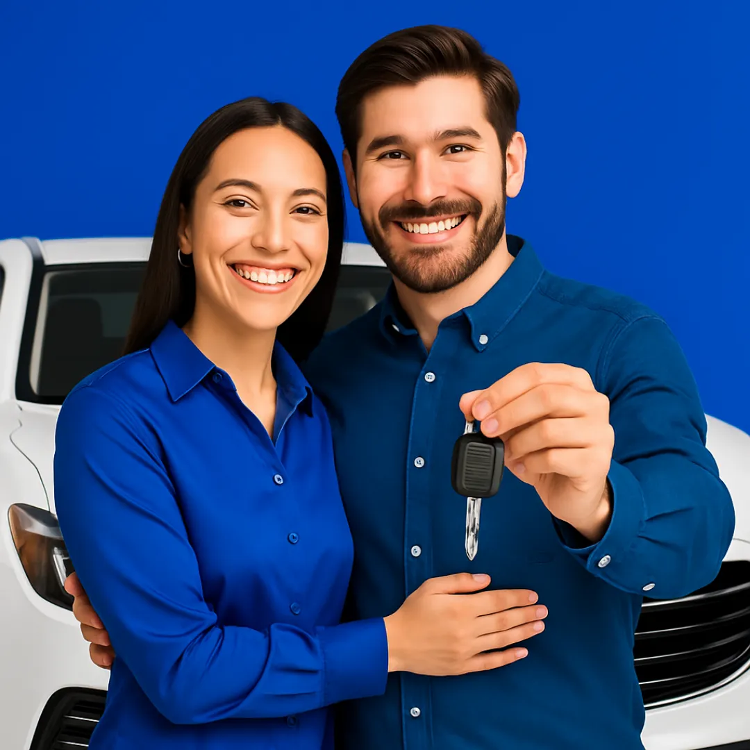 Casal jovem sorridente em frente a um carro branco novo, segurando a chave da conquista, simbolizando a realização de sonhos através do consórcio