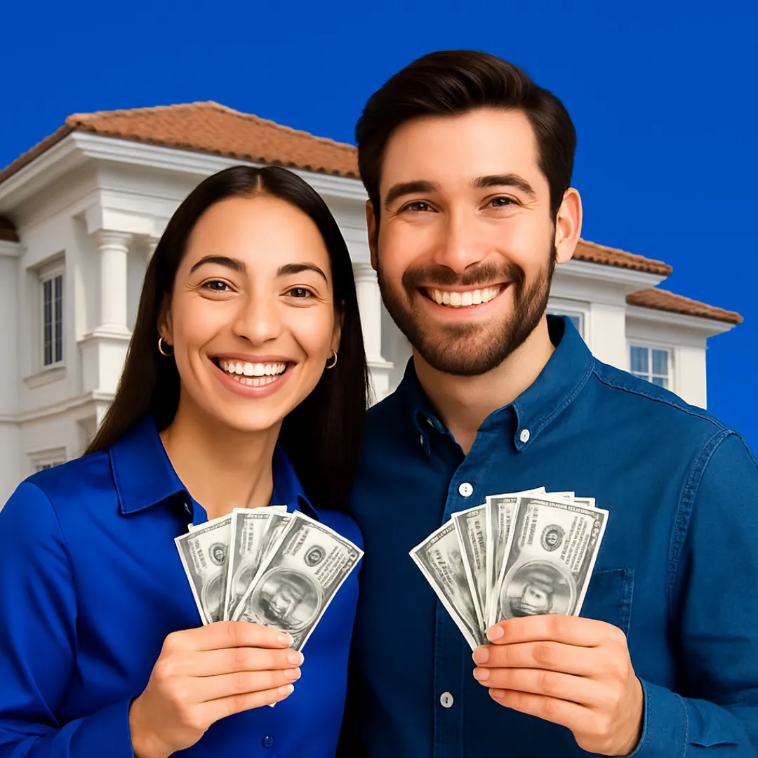 Casal jovem sorridente segurando dinheiro, com uma mansão moderna ao fundo, simbolizando conquista financeira e realização de sonhos através do consórcio